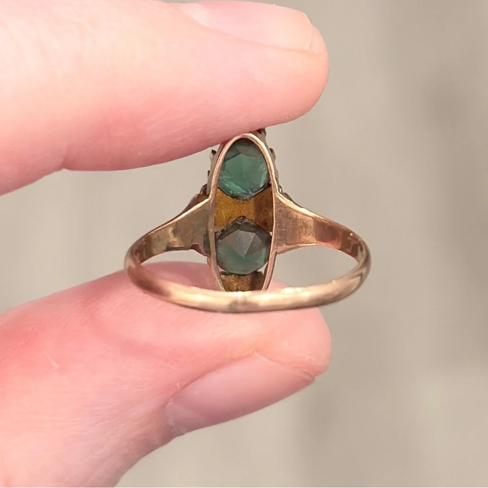 Antique Edwardian 10K Green Ring, Size 5.5, Rose Gold, Navette - Picture 15 of 17